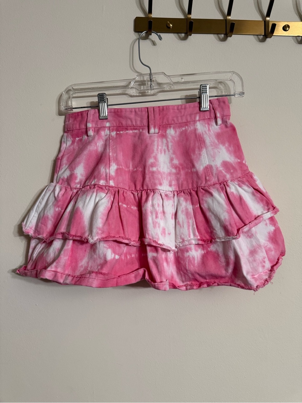 LoveShackFancy Landon Mini Skirt XS 0 Women's Casual Pink Tie Dye Denim Short - Picture 6 of 7